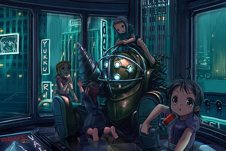 728px x 485px - HD wallpaper: animated illustration of four girls, BioShock 2, Big Daddy,  Little Sister | Wallpaper Flare