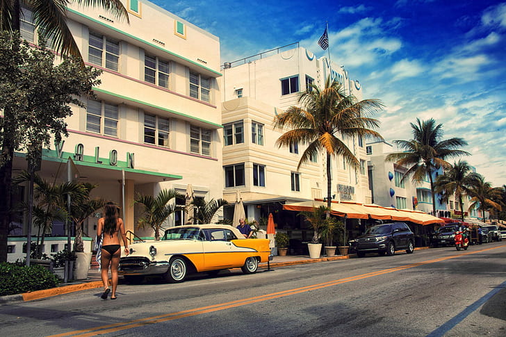Miami, Florida, Ocean Drive, white and yellow coupe, Вайс Сити, HD wallpaper