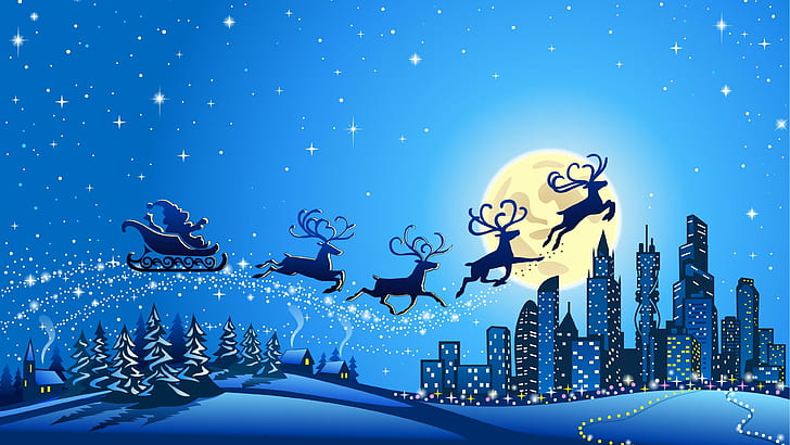 New Year Merry Christmas, city, full moon, reindeer