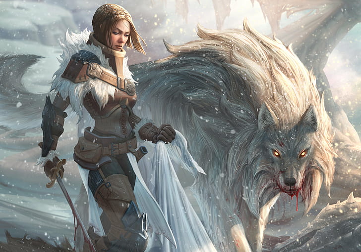 Fantasy, Women Warrior, Blood, Snowfall, Sword, Wolf, Woman Warrior
