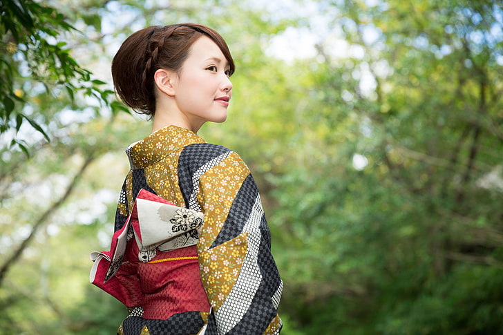 women's yellow, black, and red floral kimono, look, nature, smile