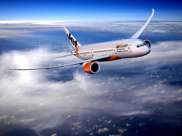 white and orange airplane, The sky, Clouds, The plane, Flight, HD wallpaper