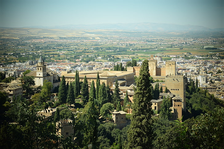 green trees, alhambra, granada, spain, city, top view, church