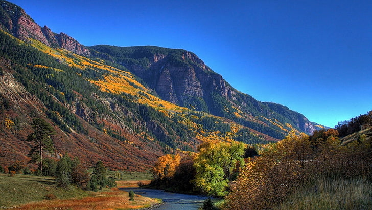 mountains, river, trees, landscape, nature, autumn, scenics - nature, HD wallpaper
