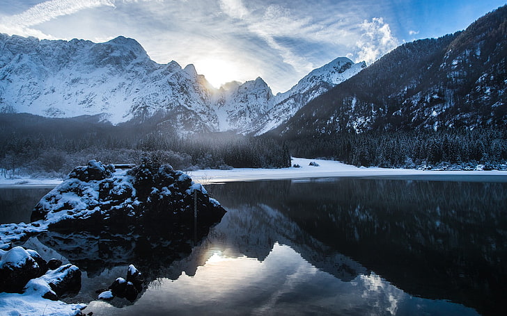 landscape, nature, Alps, winter, mountains, reflection, snow