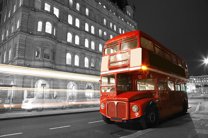 red and white double decker bus, road, night, city, the city