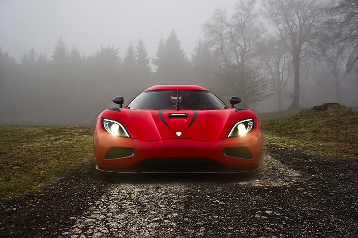 red car, motors, Koenigsegg Agera, forest, mist, Swedish, Europe