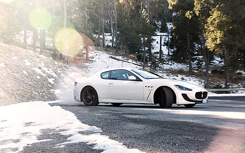 Hd Wallpaper White Sports Coupe Forest Snow Trees Maserati Skid Supercar Wallpaper Flare