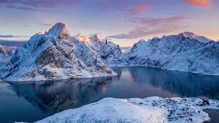 Norway, mountains, winter, snow, bay, HD wallpaper