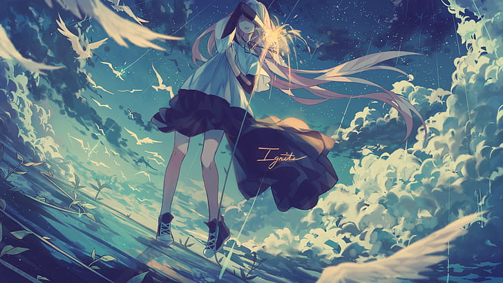 anime, anime girls, legs, sky, clouds, HD wallpaper