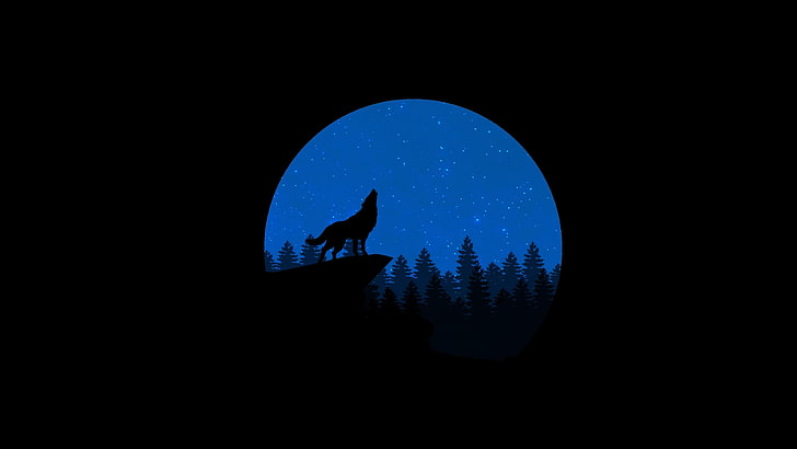minimalist, wolf, night, moon, art, vector, silhouette, sky
