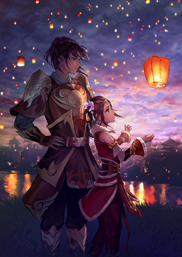 female anime character watching sky lanterns, lights, original characters