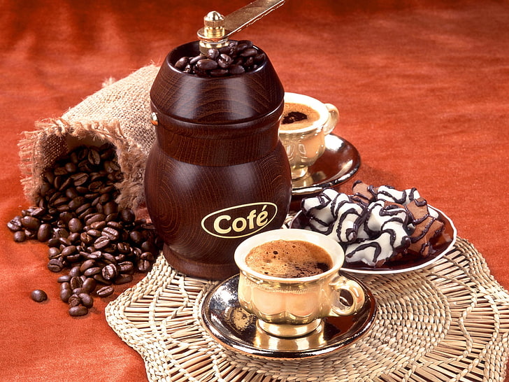brown Cofe coffee grinder and cup, coffee beans, cookies, drink