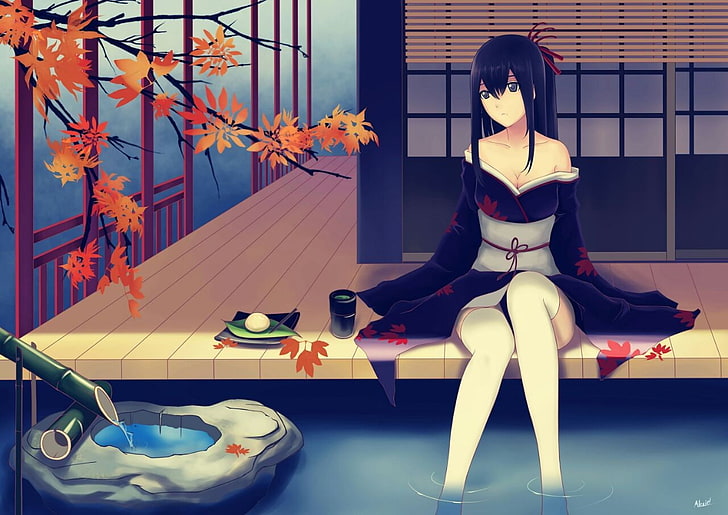 anime, house, blue eyes, blue hair, kimono, lake, sitting, one person