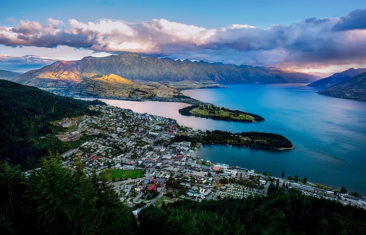 green mountain, mountains, the city, Bay, New Zealand, panorama