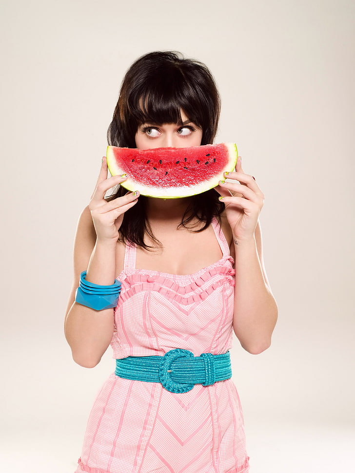 Katy Perry, simple background, women, singer, fruit, one person
