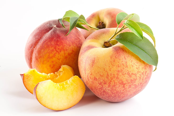 three apple fruits, peach, slice, cut, white background, food, HD wallpaper