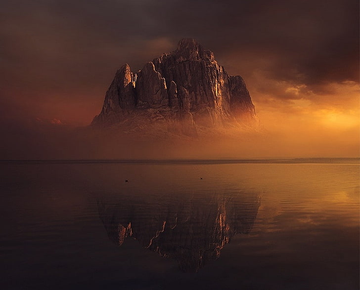 mountains, lake, sunset, reflection, clouds, mist, gold, cliff
