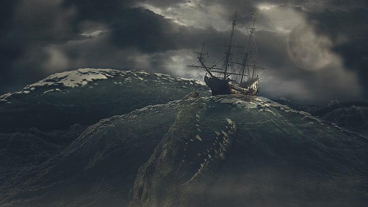 black sailing ship wallpaper, nature, sea, digital art, waves