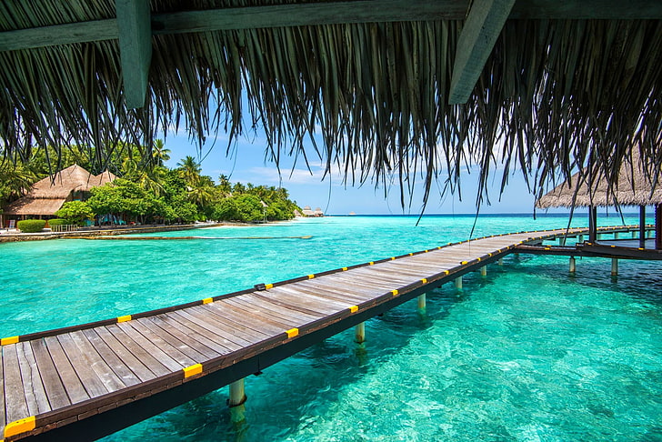 brown and yellow wooden pathway, Maldives, resort, sea, beach, HD wallpaper