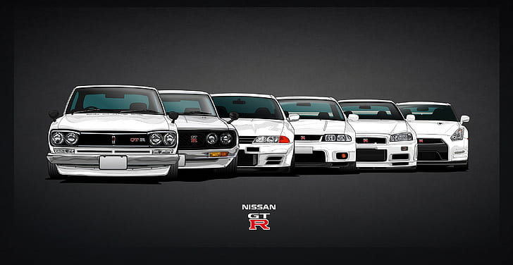 five Nissan GTR series, car, mode of transportation, motor vehicle