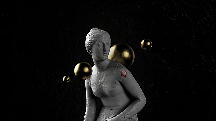 3D, render, statue, Aphrodite, marble, gold, heart, women, classical art
