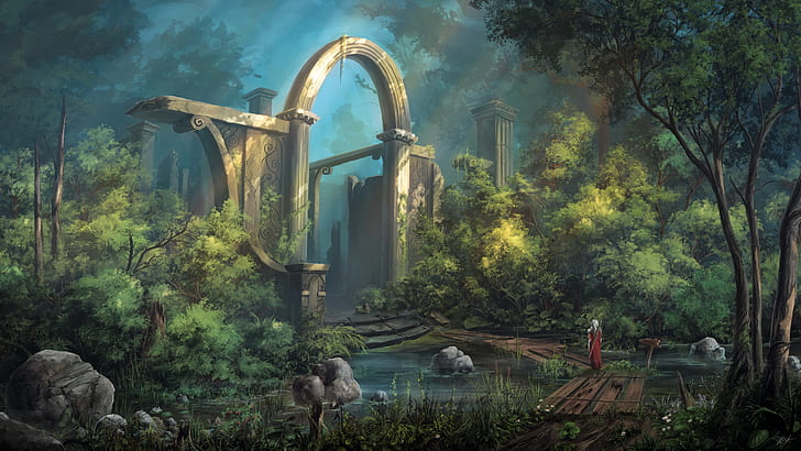 digital art, warrior, sword, castle, forest, landscape, fantasy art
