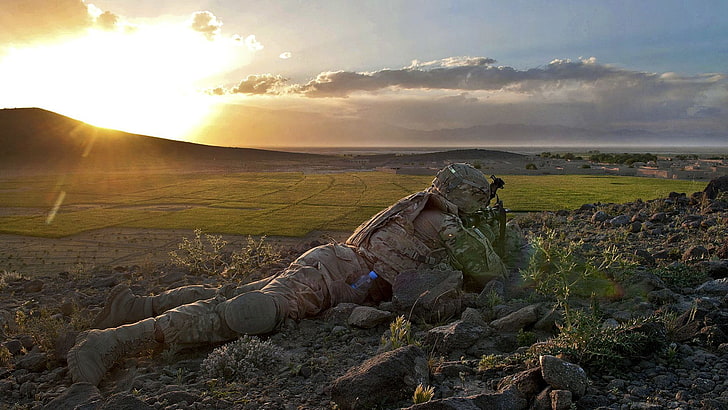 solider crawling on grass field, military, soldier, Afghanistan