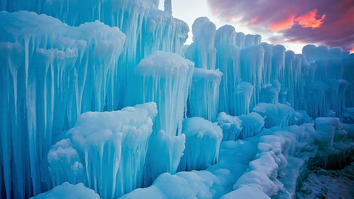 Ice, Iceberg, Icicle, Blue, Winter, Sunset, Frost, Nature, HD wallpaper