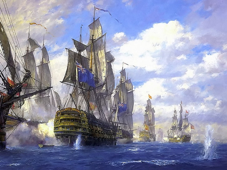 illustration of galleon ships, England, Spain, armada, cannons, HD wallpaper