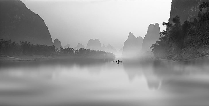 silhouette of trees, nature, landscape, mist, river, fisherman