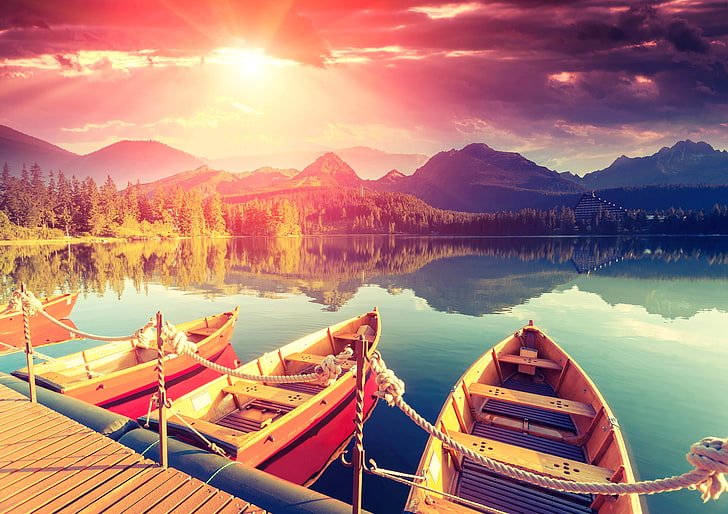 brown wooden boats near dock, the sky, landscape, mountains, lake, HD wallpaper