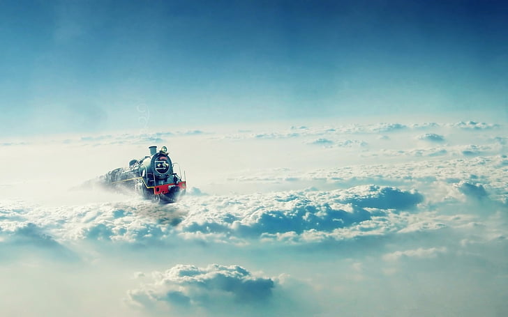 clouds, dream, engines, fantasy, fiction, haze, locomotive, HD wallpaper