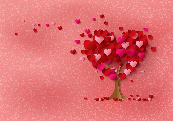 red and pink hearts illustration, tree, love, romantic, heart Shape, HD wallpaper