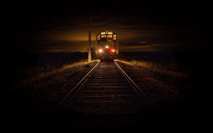 black train, landscape, nature, 2350, railway, dry grass, lights, HD wallpaper