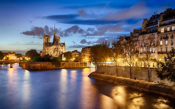 France, Paris, Notre Dame de Paris, river, city, night, lights, HD wallpaper