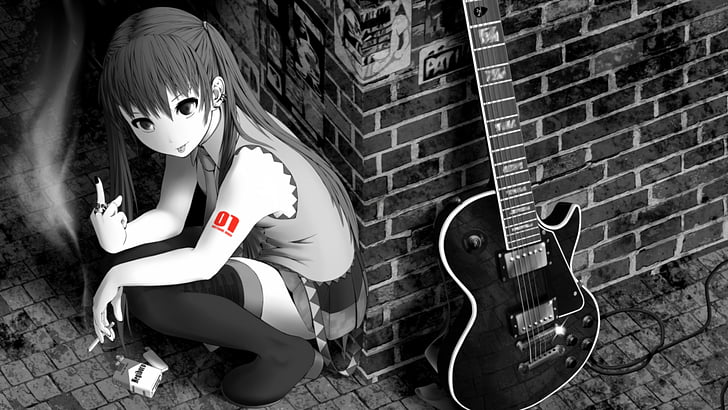 anime, art, black, bricks, female, funny, girls, guitars, hair, HD wallpaper