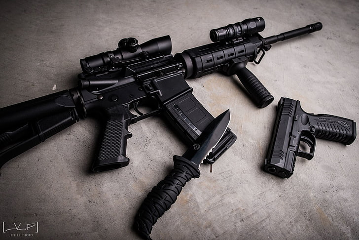 black rifle, dagger, and semi-automatic pistol, gun, knife, machine, HD wallpaper