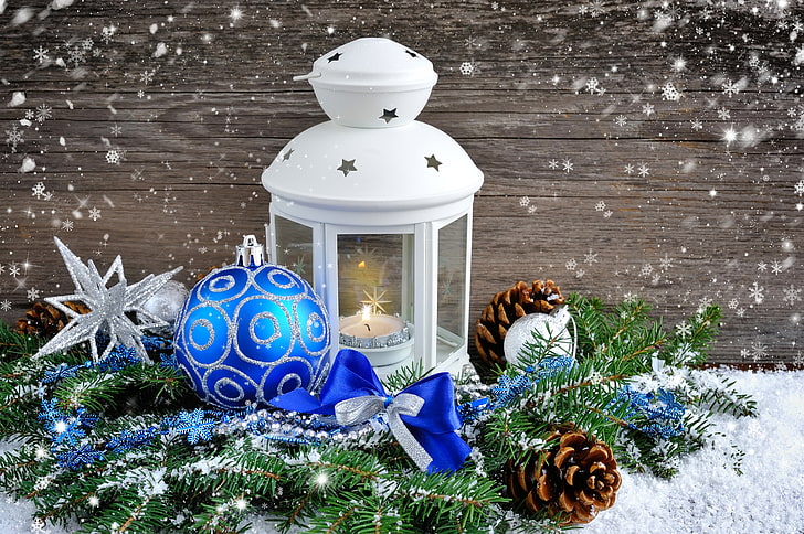white candle lantern, winter, snow, New Year, Christmas, light