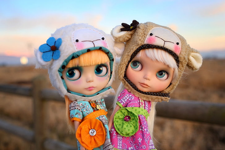 two girls wearing critter hats wallpaper, nature, toys, doll, HD wallpaper