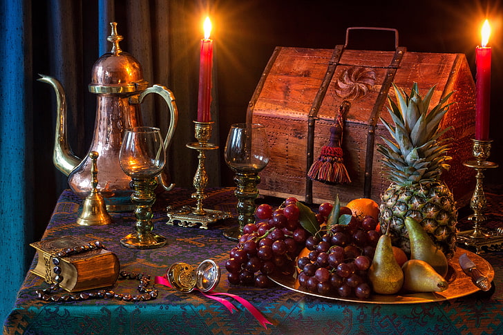 style, candles, glasses, grapes, book, fruit, pineapple, chest