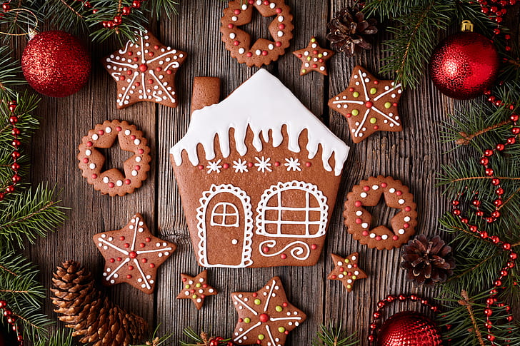 New Year, cookies, Christmas, cakes, sweet, Xmas, glaze, decoration, HD wallpaper