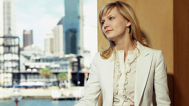 Kirsten Dunst Earrings HD, blond, city, gold, urban, white outfit