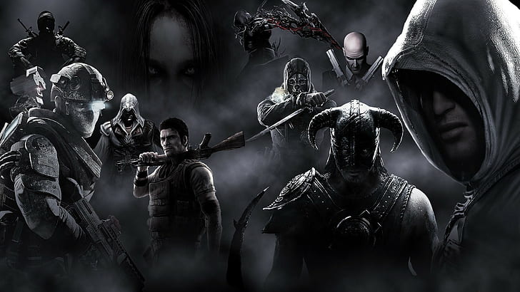 Prototype Call of Duty COD Assassin's Creed Skyrim Dishonored F.E.A.R. Hitman Battlefield BW HD, HD wallpaper