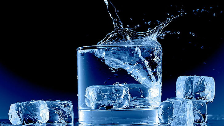 glass, water, ice cubes, splash, water drops, bluish