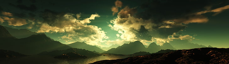 mountain range, landscape, sunset, multiple display, sky, clouds