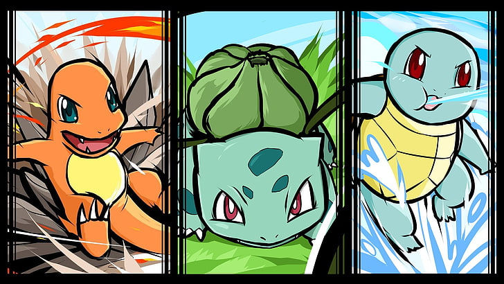 three Pokemon character illustrations, Pokémon, Bulbasaur, Squirtle