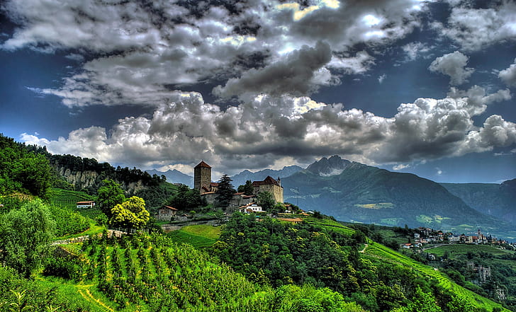 castle, mountains, village, sky, clouds, trees, HD wallpaper