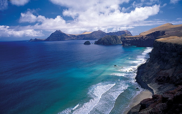 seashore and mountains, landscape, nature, beach, island, Chile, HD wallpaper