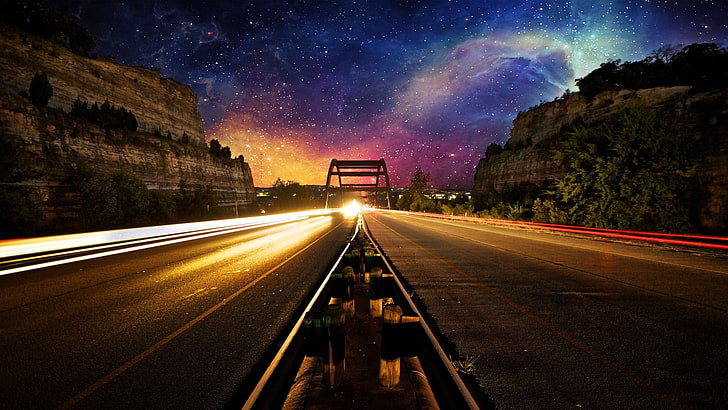 gray asphalt road, nebula, space, lights, evening, photo manipulation, HD wallpaper